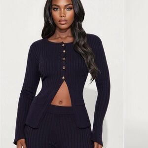 Fashion Nova Navy Gold Luna Sweater Ribbed Cardigan Pant Set